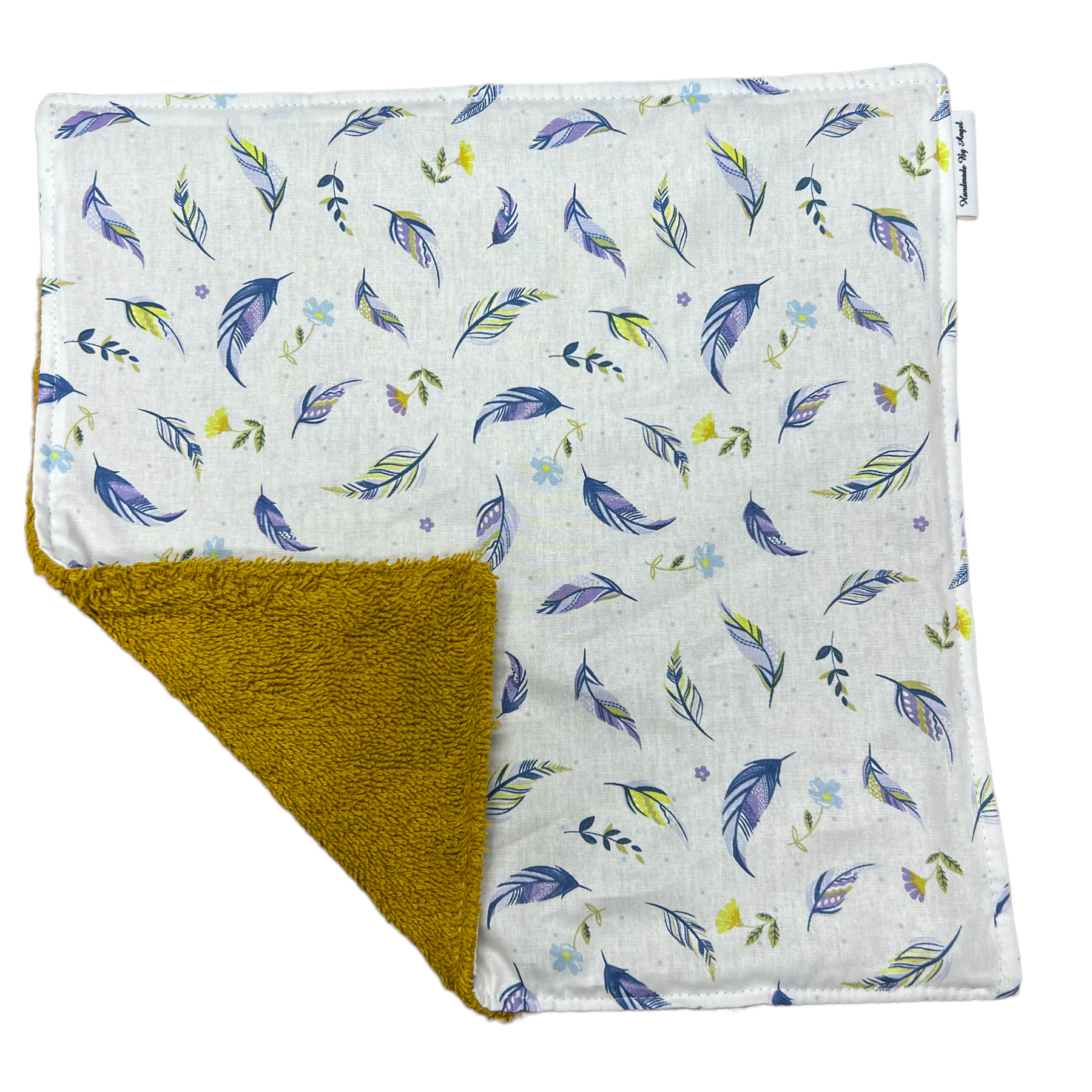 Spuugdoekje okergeel violet geel veertjes