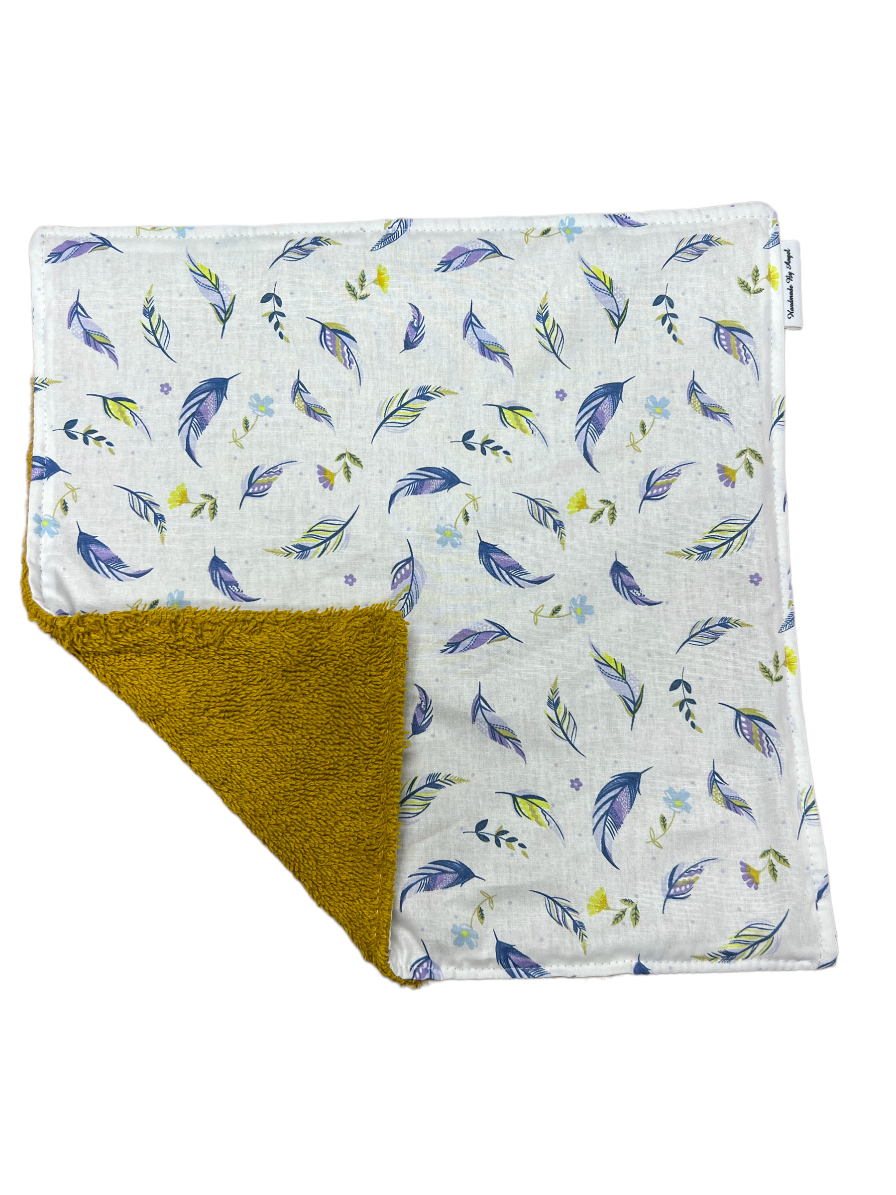 Spuugdoekje okergeel violet geel veertjes