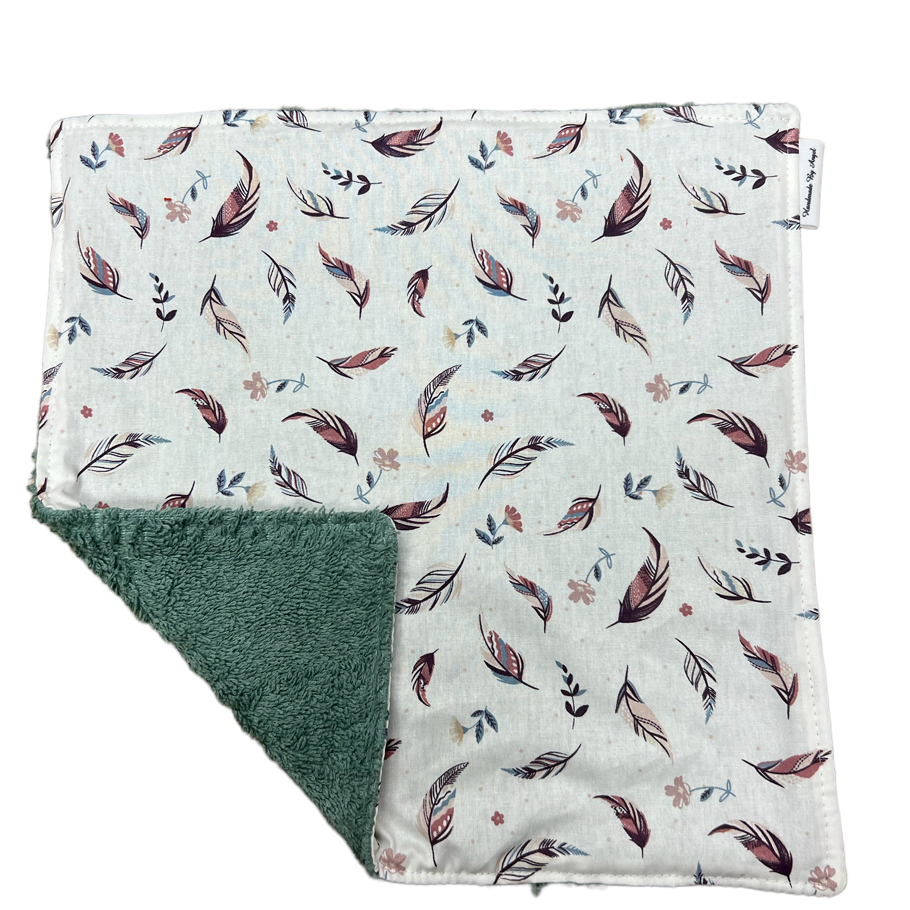 Spuugdoekje oud groen roze veertjes