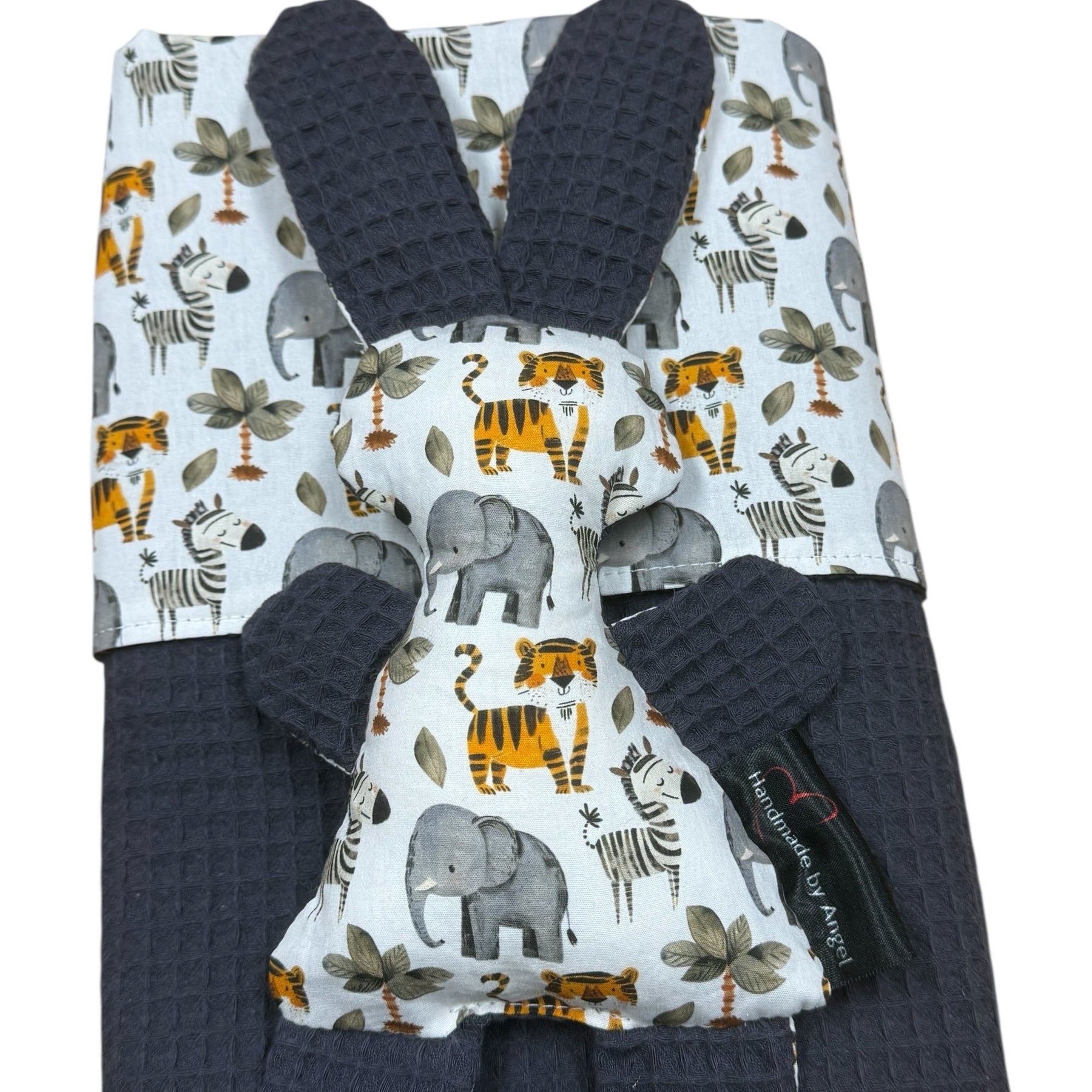 Baby set deken knuffel antraciet grijs blauw olifant zebra tijger