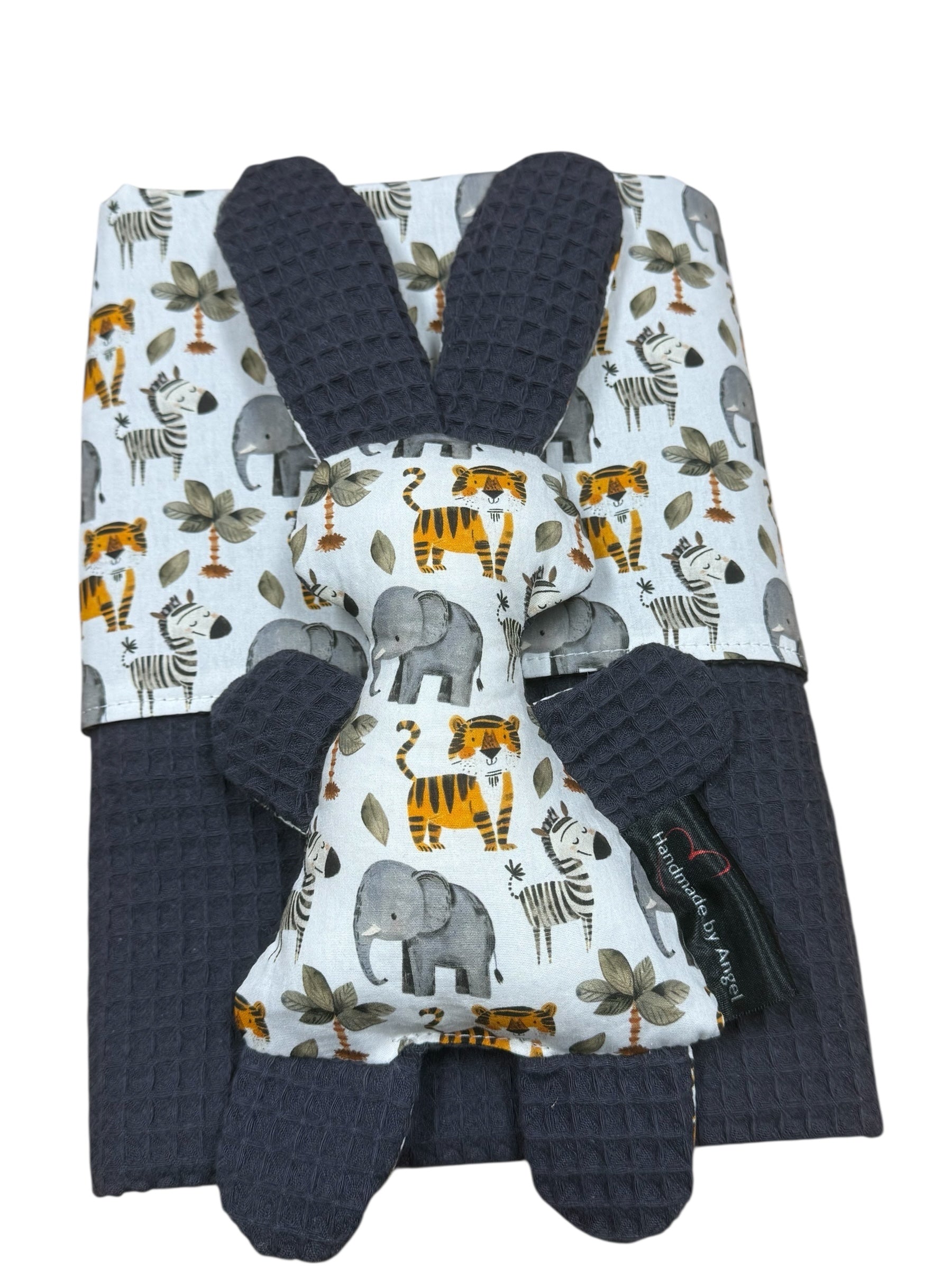 Baby set deken knuffel antraciet grijs blauw olifant zebra tijger