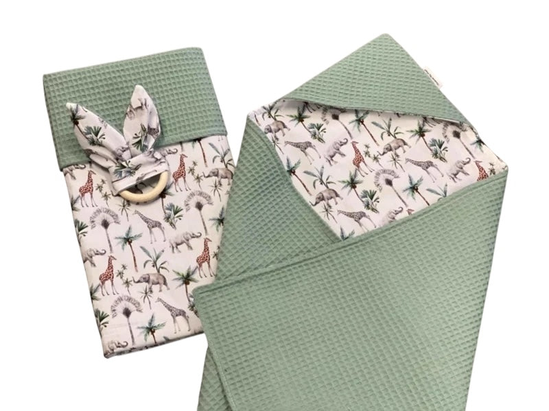 Wikkeldoek oud groen jungle giraffe olifantjes