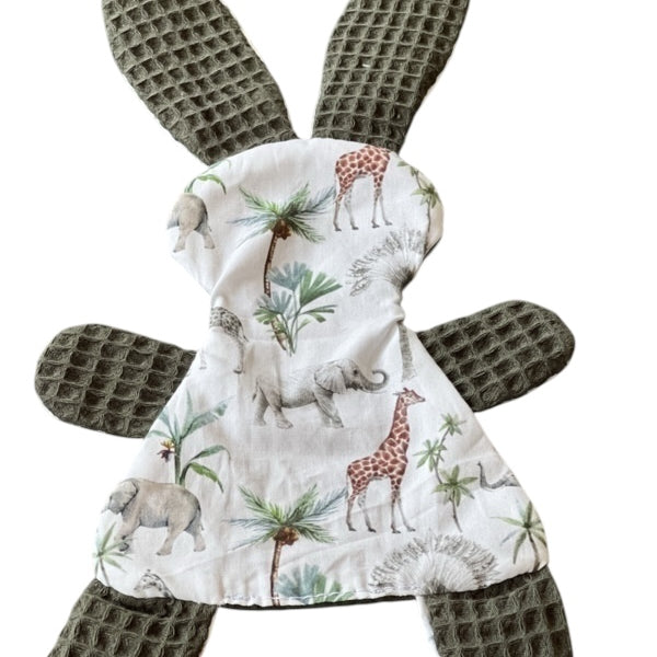 Knuffeldoekje konijn legergroen jungle giraffe olifantjes