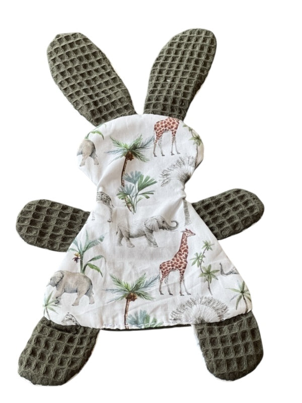 Knuffeldoekje konijn legergroen jungle giraffe olifantjes