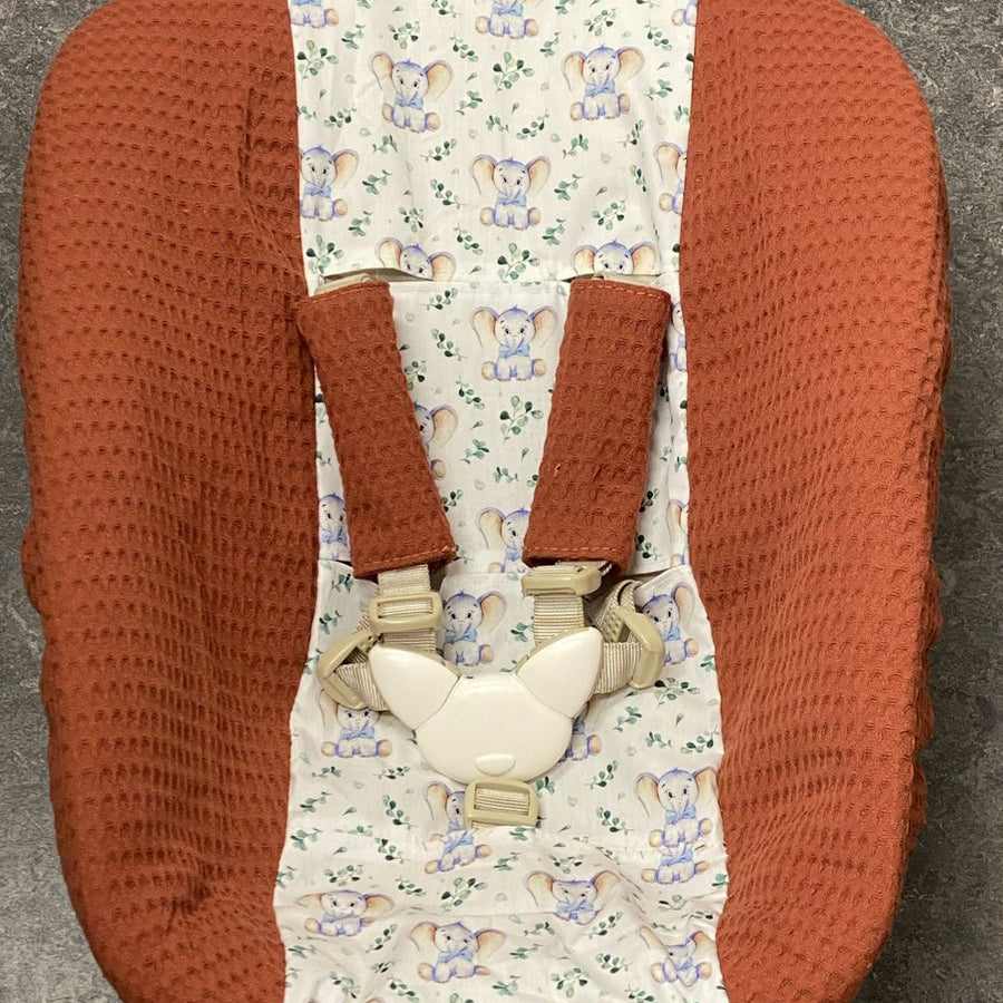Stokke newborn cover copper brick rust colored elephants